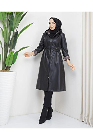 Kadın Deri Kapüşonlu Trençkot