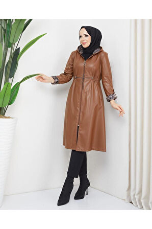 Kadın Deri Kapüşonlu Trençkot