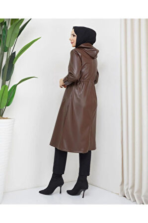 Kadın Deri Kapüşonlu Trençkot