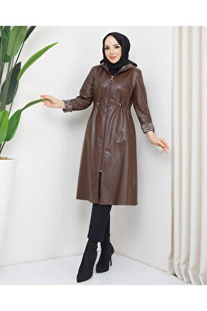 Kadın Deri Kapüşonlu Trençkot