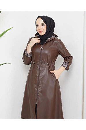 Kadın Deri Kapüşonlu Trençkot