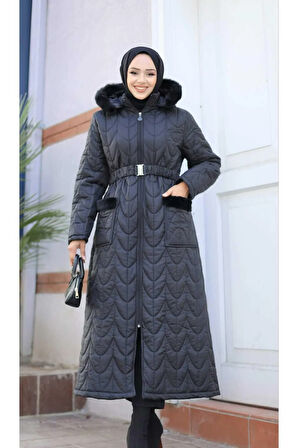 Kadın Fermuarlı Cepli Kemerli Kapitone Şişme Mont
