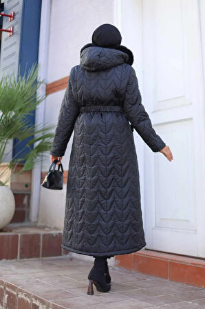 Kadın Fermuarlı Cepli Kemerli Kapitone Şişme Mont