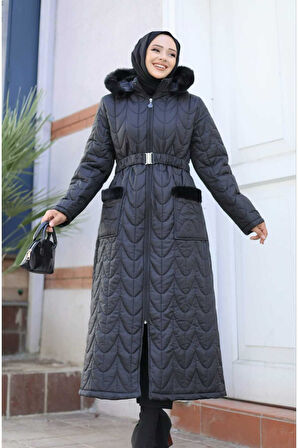 Kadın Fermuarlı Cepli Kemerli Kapitone Şişme Mont