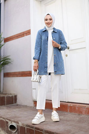 Kadın Taş İşlemeli Denim Kot Ceket