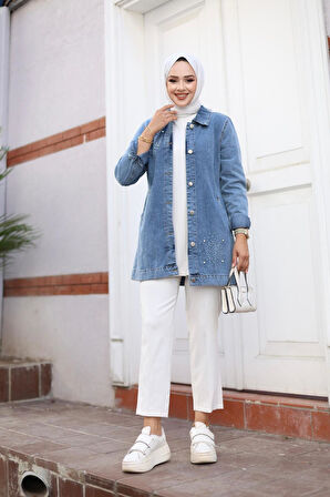 Kadın Taş İşlemeli Denim Kot Ceket