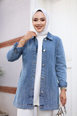 Kadın Taş İşlemeli Denim Kot Ceket