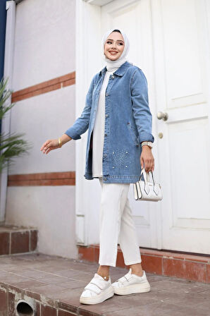 Kadın Taş İşlemeli Denim Kot Ceket