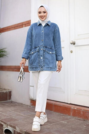 Kadın Cepli Taş İşleme Detaylı Denim Kot Ceket