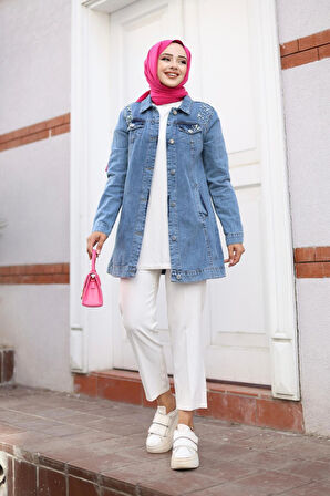 Kadın Boncuk İşlemeli Denim Kot Ceket