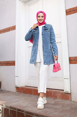 Kadın Boncuk İşlemeli Denim Kot Ceket