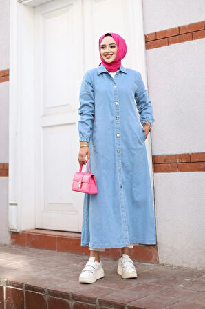 Kadın Cepli Düğmeli Denim Kot Trençkot