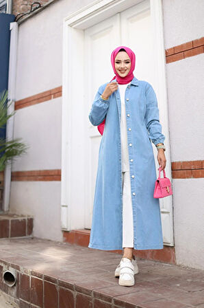 Kadın Cepli Düğmeli Denim Kot Trençkot