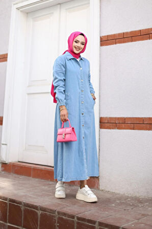 Kadın Cepli Düğmeli Denim Kot Trençkot