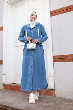 Kadın Cepli Düğmeli Kapüşonlu Denim Kot Trençkot