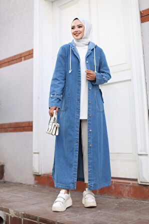 Kadın Cepli Düğmeli Kapüşonlu Denim Kot Trençkot