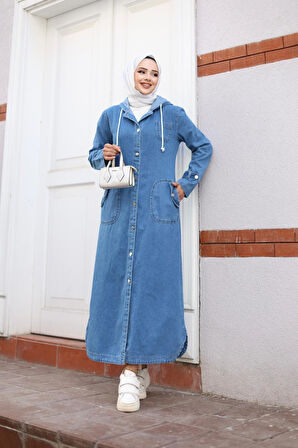 Kadın Cepli Düğmeli Kapüşonlu Denim Kot Trençkot