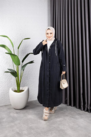 Kadın Cepli Düğmeli Kapüşonlu Denim Kot Trençkot