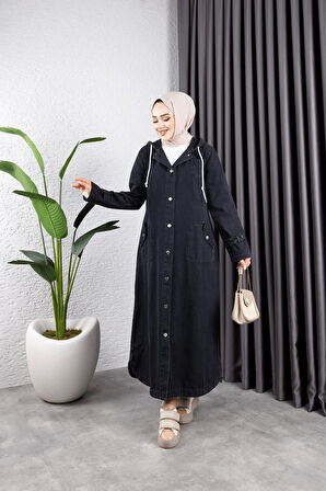 Kadın Cepli Düğmeli Kapüşonlu Denim Kot Trençkot