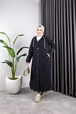Kadın Cepli Düğmeli Kapüşonlu Denim Kot Trençkot