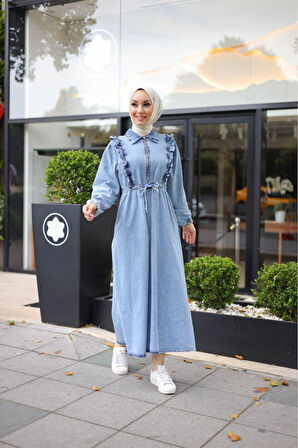 Kadın Fır Fırlı Belden Bağlamalı Denim Kot Elbise