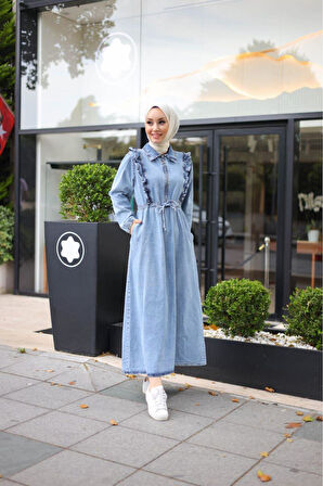 Kadın Fır Fırlı Belden Bağlamalı Denim Kot Elbise