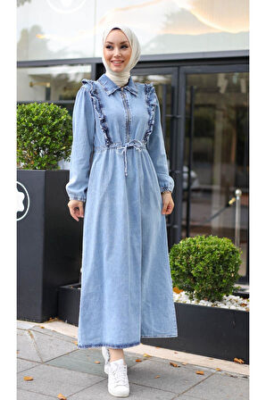 Kadın Fır Fırlı Belden Bağlamalı Denim Kot Elbise