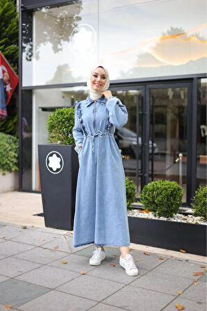 Kadın Fır Fırlı Belden Bağlamalı Denim Kot Elbise