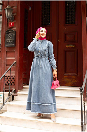 Kadın Püsküllü Denim Kot Elbise