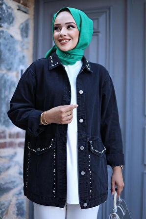 Kadın Cepli Taş İşleme Detaylı Denim Kot Ceket