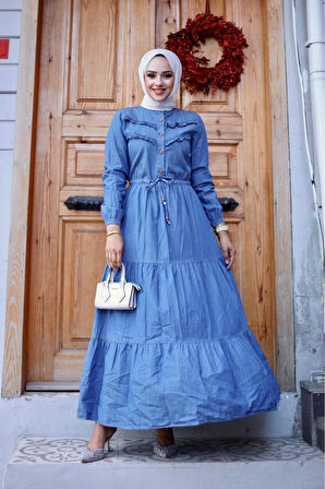 Kadın Belden Sıkmalı Fır Fırlı Kot Elbise