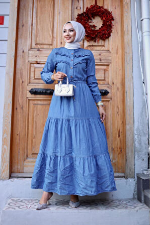 Kadın Belden Sıkmalı Fır Fırlı Kot Elbise