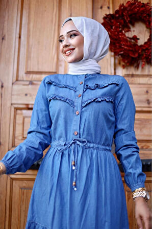 Kadın Belden Sıkmalı Fır Fırlı Kot Elbise