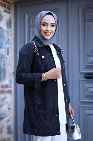 Kadın Boncuk İşlemeli Denim Kot Ceket