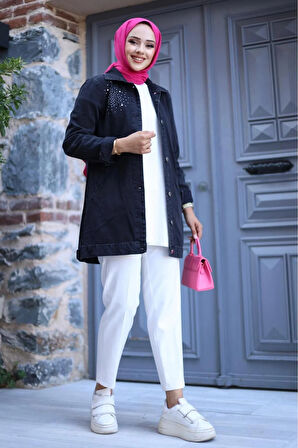 Kadın Taş İşlemeli Denim Kot Ceket