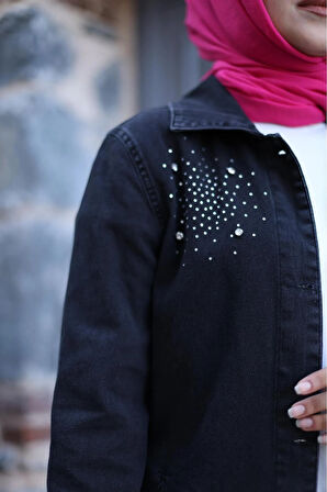 Kadın Taş İşlemeli Denim Kot Ceket