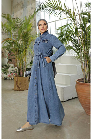 Kadın Boncuk İşlemeli Düğmeli Kot Elbise