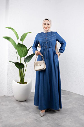 Kadın Belden Sıkmalı Cepli Kot Elbise