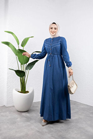 Kadın Belden Sıkmalı Cepli Kot Elbise