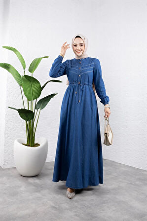 Kadın Belden Sıkmalı Cepli Kot Elbise