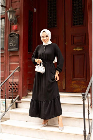 Kadın Belden Lastikli Bağcıklı Elbise