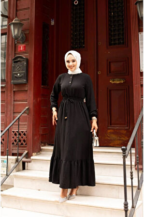 Kadın Belden Lastikli Bağcıklı Elbise