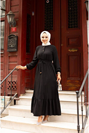 Kadın Belden Lastikli Bağcıklı Elbise