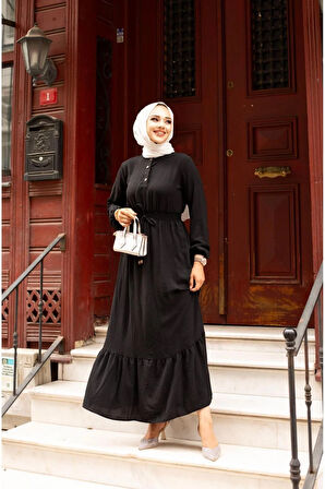 Kadın Belden Lastikli Bağcıklı Elbise