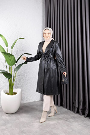 Kadın Deri Cepli Kuşaklı Trençkot