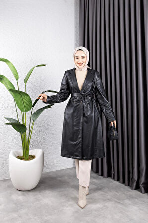 Kadın Deri Cepli Kuşaklı Trençkot