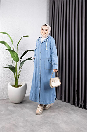 Kadın Cepli Düğmeli Kapüşonlu Denim Kot Trençkot