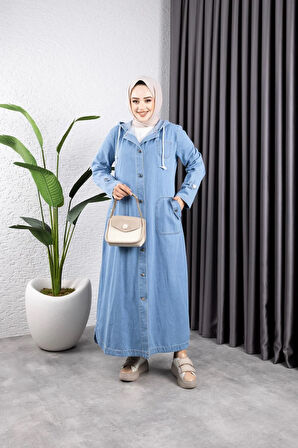 Kadın Cepli Düğmeli Kapüşonlu Denim Kot Trençkot