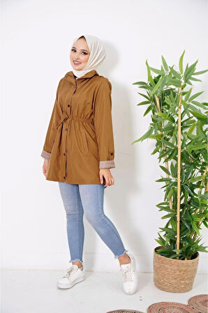 Kadın Kol Şeritli Fermuarlı Çıt Çıtlı Kısa Bondit Trençkot