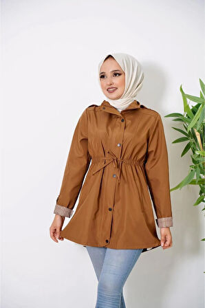 Kadın Kol Şeritli Fermuarlı Çıt Çıtlı Kısa Bondit Trençkot